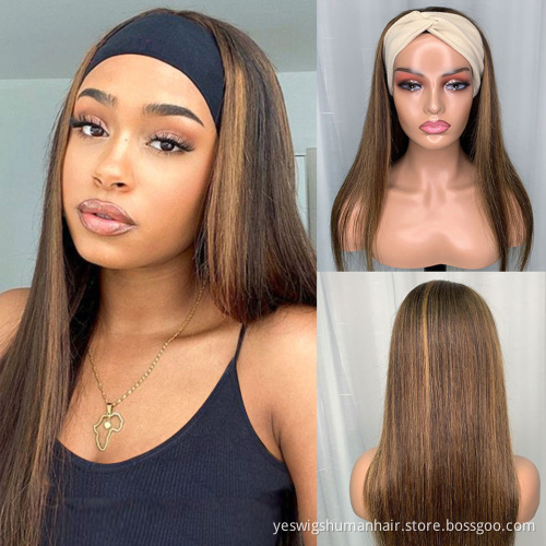 Cheap Raw Indian Virgin Human Hair Wigs Bulk Highlight  Headband Hair Wig 180% Density Human Hair Brown Straight Headband Wig